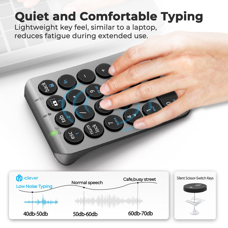 iClever Bluetooth Number Pad, Portable 22-Key Wireless Numeric Keypad, Gray | 3-Device Switching, Round Keys, USB-C Rechargeable, Custom Shortcut Stickers, Mini Numpad for MacBook, Laptop, PC & Surface Grey / Black