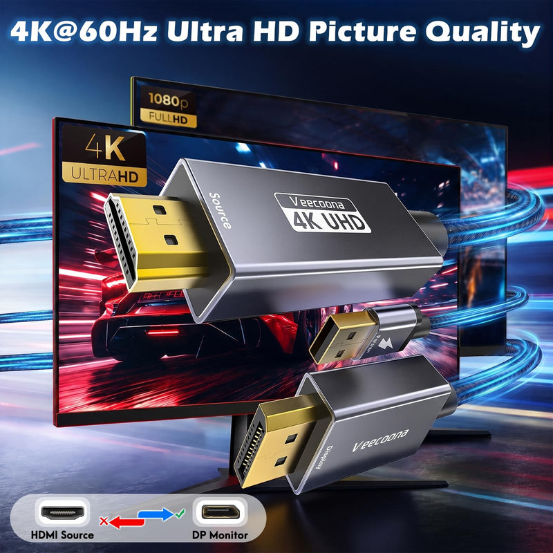 Active HDMI to DisplayPort Cable Uni-Directional 6FT (4K@60Hz/1080P@120Hz) | HDMI Source to DP Monitor Adapter Display Port Cord Compatible with Laptop, AMD, NVIDIA, PS5, Xbox and More 6 FT