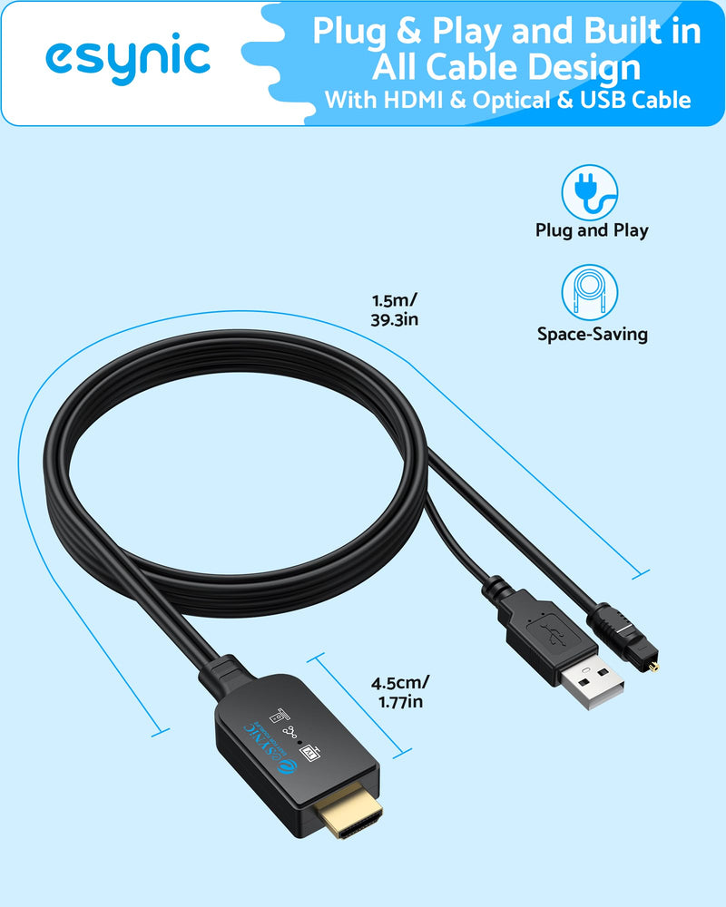 [AUSTRALIA] - eSynic 192KHZ eARC to Optical Converter-Integrated Cable Designed-5 ft Long-USB Powerd eARC/ARC Audio Extractor-Plug& Play-Dolby5.1 & DTS 5.1 Formats-Only from HDTV to Optical Soundbar-No CEC 