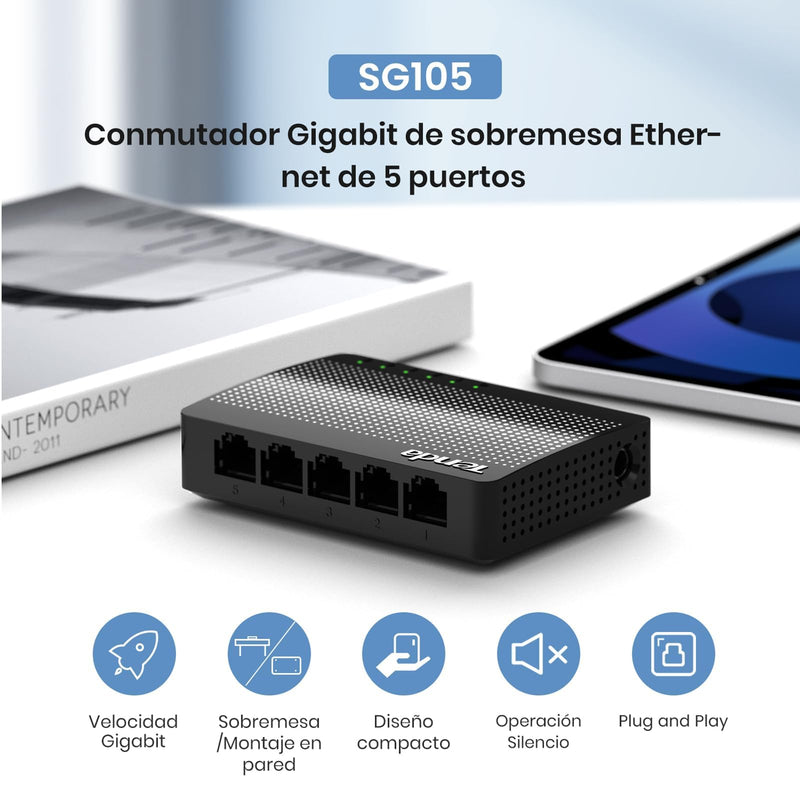 Tenda 5 Port Gigabit Ethernet Switch, Desktop Ethernet Splitter, Unmanaged Network Switch Hub for Office/Home, Plug & Play, Wall-Mount, Fanless Quiet, Plastic Case, SG105 Black