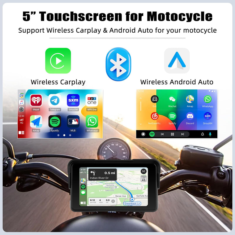 CAMECHO Motorcycle Wireless CarPlay & Android Auto Screen, 5" IP68 Waterproof HD for Moto Motorbike Touchscreen Car Stereo Support Bluetooth, GPS, Siri, USB Upgrade TF 12V 5 Inch+IP68