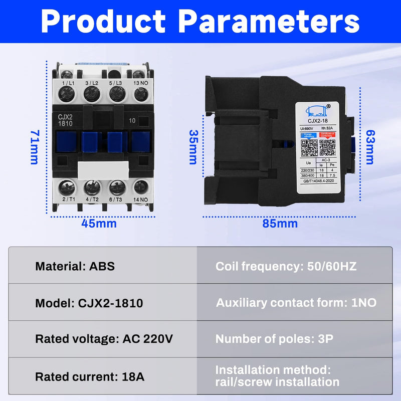 Buyweek AC Contactor 3P Motor Contactor CJX2-1810, AC Contactor 220 V, 50/60 Hz, Air Switch, Industrial Protection Against Leaks, Special Thickened Silver Point