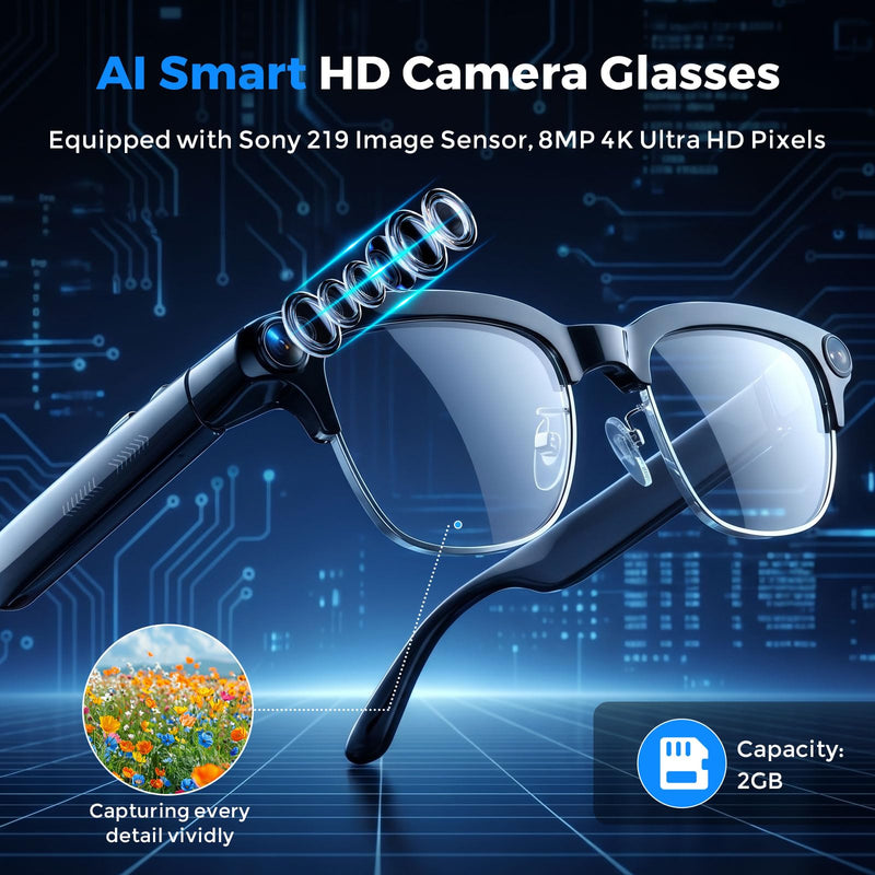 AI Smart Glasses with Camera and Bluetooth, 4K Recording Glasses Video and Audio, 8MP Smart Sunglasses with 3 Lenses, Real-Time Translation, AI Assistant, Open-Ear Music, Object Recognition Black