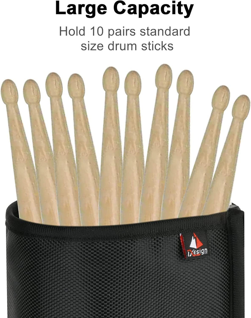 TXEsign Drumstick Holder Drum Sticks Holder Bag for Drumsticks Brushes Mallets Up to 10 Pairs, Two Straps Attach to Drum Kit & Music Stand (Black) Black