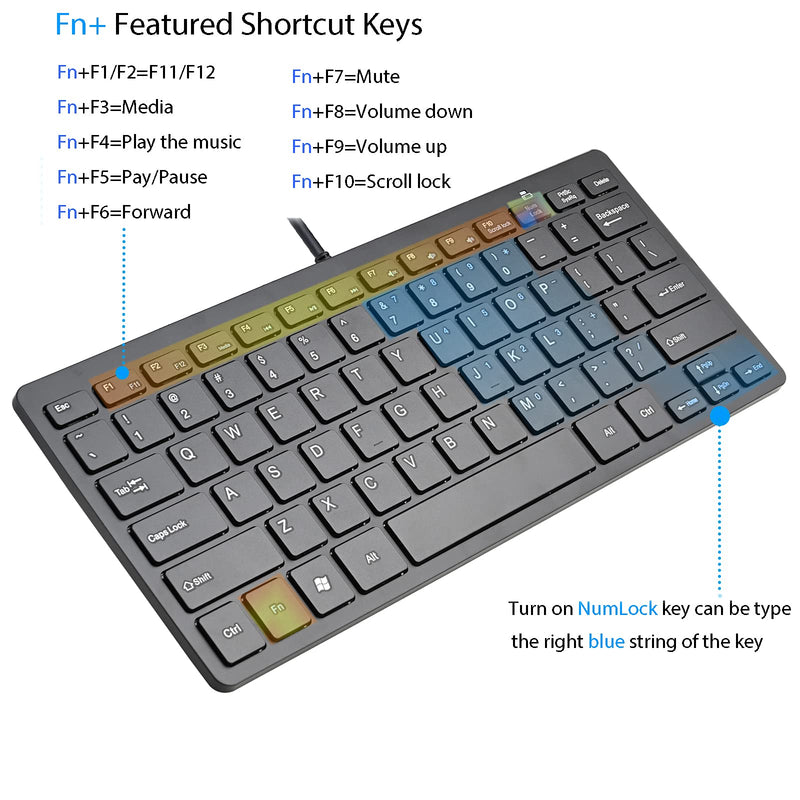 2021 Upgraded Powboro PC Computer Laptop Mini USB Wired Keyboard for Mac and Windows 78 Scissor Keys Small Super Thin Compact Multimedia Keyboard (Black) Black