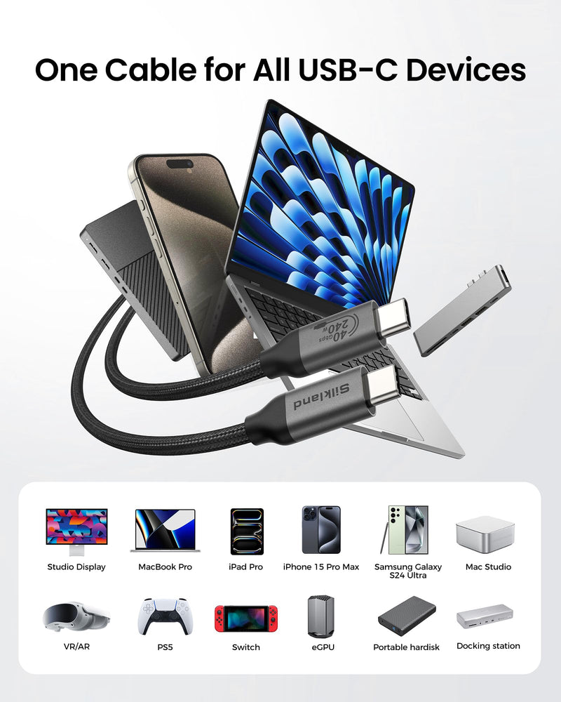 Silkland USB 4 Cable for Thunderbolt 4 Cable 4FT, 40Gbps Data Sync, 8K/6K@60Hz, 240W, [USB-IF Certified] USB C Thunderbolt Cable, Compatible for MacBook, SSD, Docking, iPhone 16, eGPU