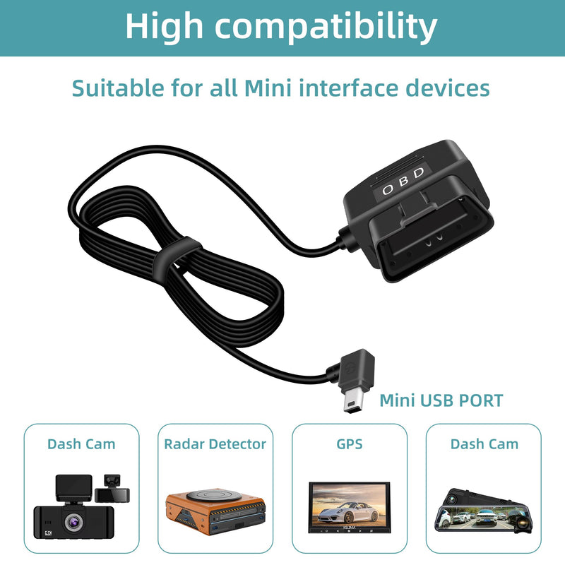 GELRHONR OBD Power Cable for Dash Camera, OBD2 Diagnostic Extension Adapter to 90Degree Mini USB with Switch Button, 24 Hours Surveillance/Acc Mode 12-24V to 5V/3A, for Dashcam, GPS -3.5M/11.5Ft