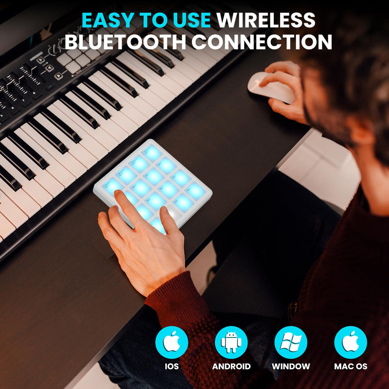 M-VAVE Wireless MIDI Controller Pads, 4.1 * 4.1 Inch, 0.28 LBS, Bluetooth Portable USB with 16 Drum, Note Repeat, Full Level Buttons, Rechargeable battery (White Pocket) White Pocket