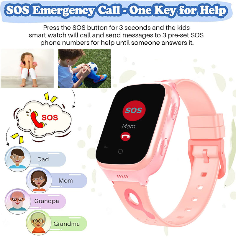 TEZILON 4G GPS Smart Watch Waterproof Phone Video Call SOS Emergency Alarm Voice Message Camera GPS Tracker Watch Real-Time Tracking Geo-Fence Touch Screen Pedometer Anti-Lost Gift Pink