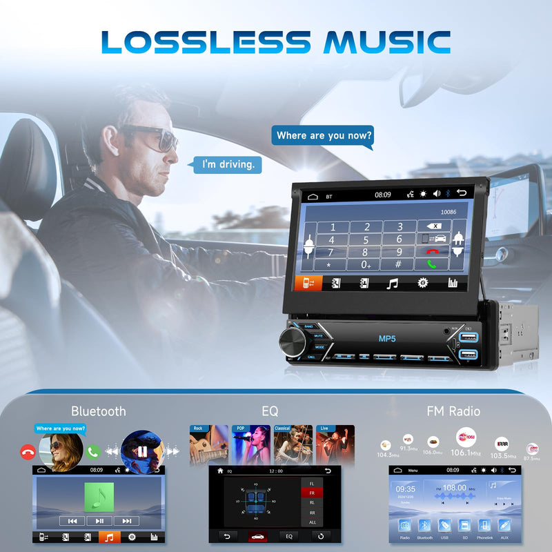 Single Din Flip Out Car Stereo Bluetooth 7 Inch Retractable Touch Screen Car Radio 1 Din Mirror Link/FM/EQ USB/Type-C/AUX SWC, Car Audio Receiver MP5 Multimedia Player with Backup Camera