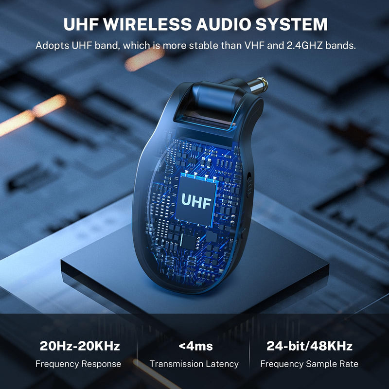 LEKATO UHF Wireless Guitar System Rechargeable, Wireless Transmitter Receiver 4 Channels 165ft tansmisiion Low Latency Guitar Wireless System,Black