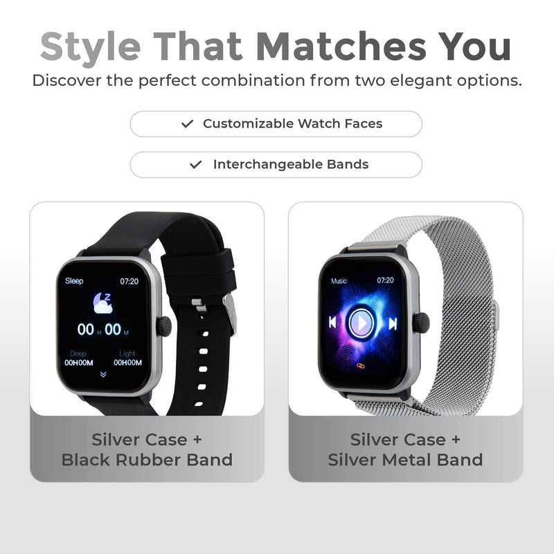 iWatch Silver Smart Watch, 1.85" Touch Screen Fitness Tracker, Men & Women | Black rubber band. AMOLED, Bluetooth calling, heart rate, sleep & step tracking, 3ATM water resistant, iOS & Android Silver Case + Black Rubber Band