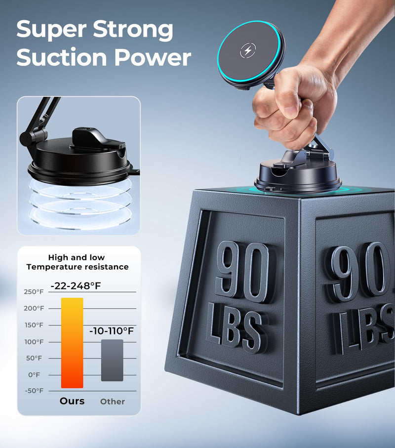New 2025 Vacuum Magnetic Phone Suction Holder, 15W Wireless Charger for MagSafe Car Mount & Dashboard Windshield Vent Holder, All-Weather Suction for Uber, iPhone 16/15/14 Pro Max Plus