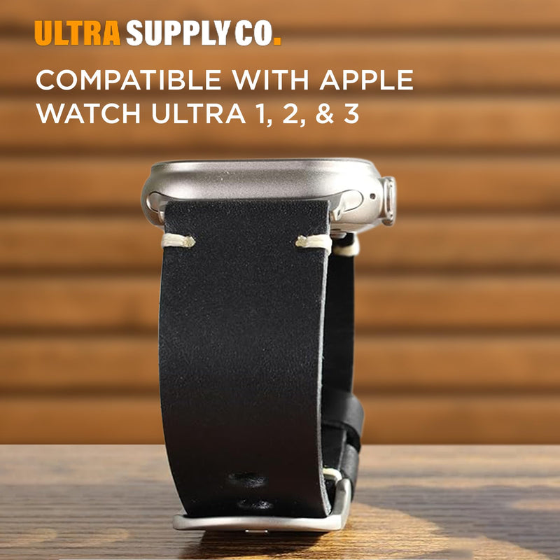 Ultra Supply Co. Leather Band Compatible for Apple Watch Ultra 3, 2, Ultra 49mm & Older Versions - Genuine Top Grain Leather Strap Black
