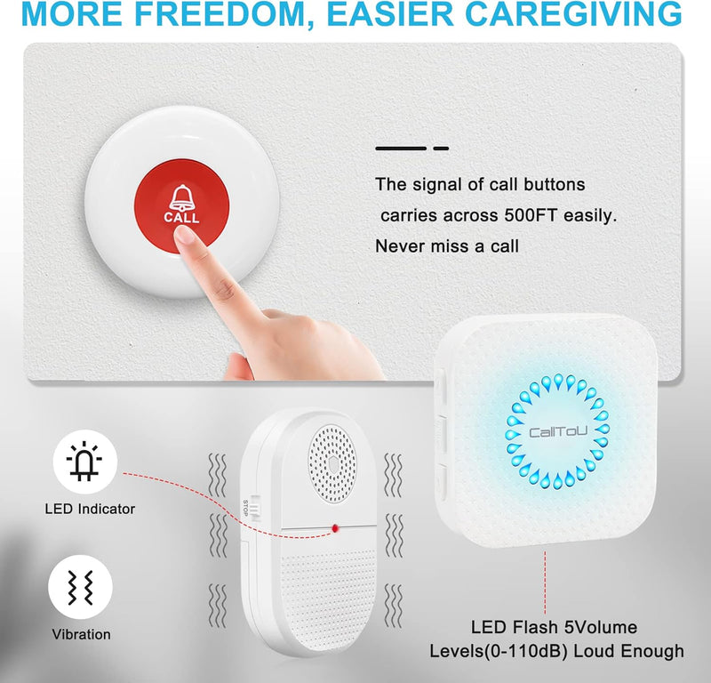Caregiver Pager Wireless Call Button for Hard of Hearing Waterproof 500FT Vibration Nurse Calling Alert System for Home Elderly Monitoring Disabled/Patient/Seniors (2+2)