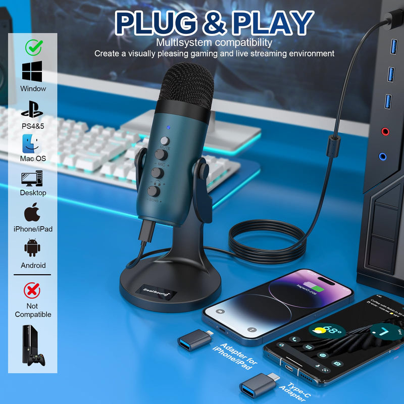 ZealSound USB Condenser Microphone,Computer PC Gaming Mic,Plug&Play Microphones for PS 4&5.Monitor Adjust&Volume Control,Mic Gain Control,Mute Button for TikTok,YouTube Podcast on Mac&Windows(Teal) Teal