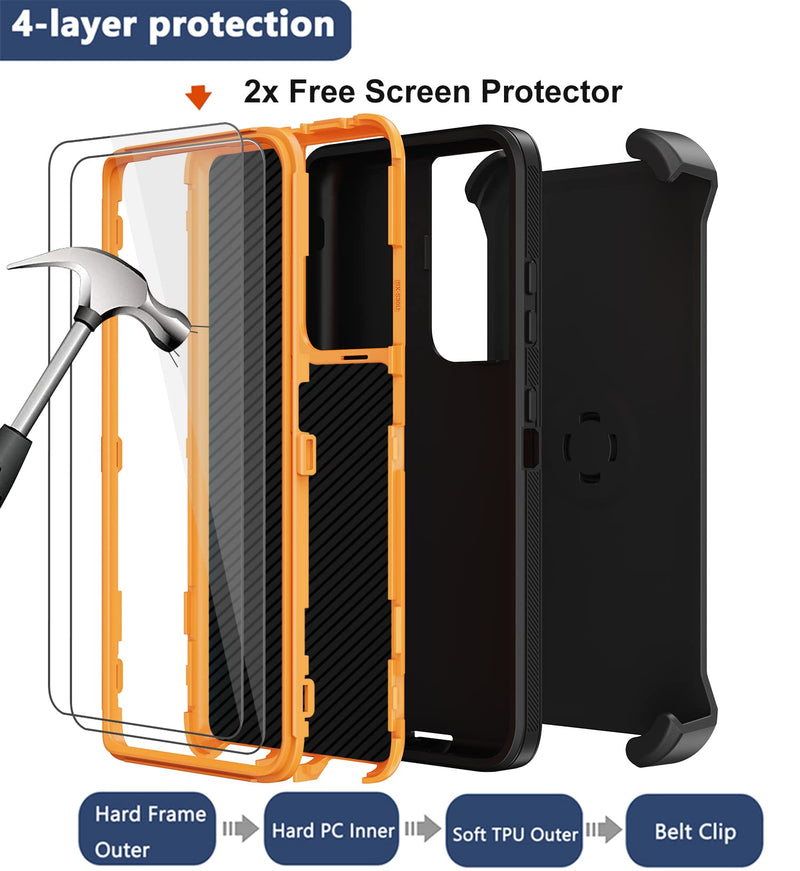 for Samsung Galaxy S21 Ultra Case with Belt Clip Holster, 2X Screen Protector, Heavy Duty Full Body Shockproof Drop-Proof Rugged Protective Cover for Samsung Galaxy S21 Ultra 5G 6.8 inch (Orange) Orange