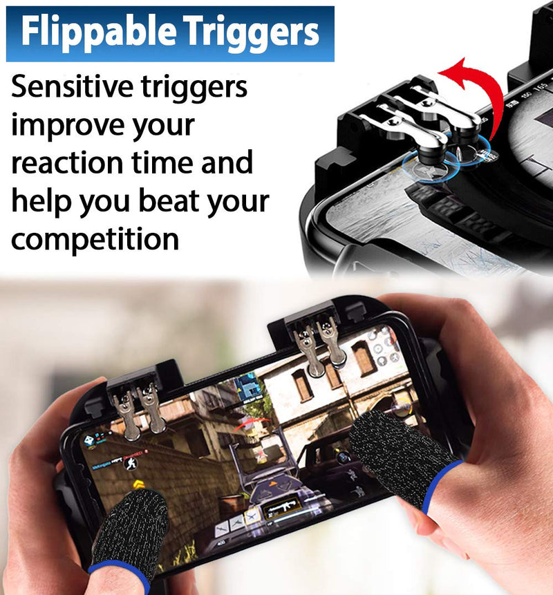 4 Trigger Mobile Game Controller with Cooling Fan Adjustable Stand for PUBG/Call of Duty/Fotnite [6 Finger Mode] GAMR+ L1R1 L2R2 Gaming Grip Gamepad Black