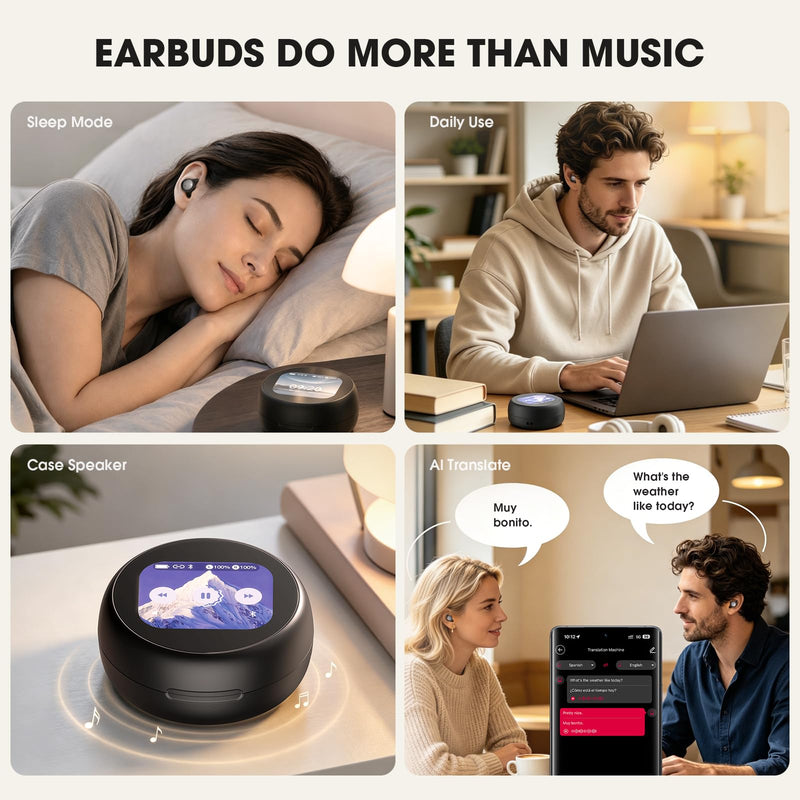 NE90 Wireless Sleep Earbuds for Side Sleepers – Smart Touchscreen Case with Built-in White Noise & AI Translation 164 Languages, Comfort Invisible Design, Sleep Timer Black
