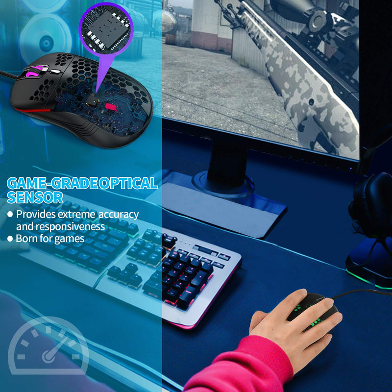 Honeycomb Wired Gaming Mouse, RGB Backlight and 7200 Adjustable DPI, Ergonomic and Lightweight USB Computer Mouse with High Precision Sensor for Windows PC & Laptop Gamers (Black) Black