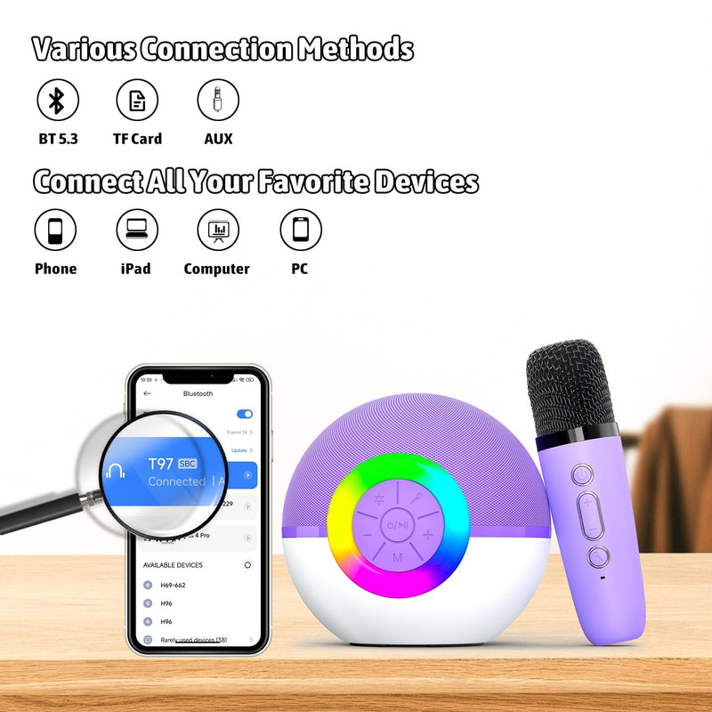 Karaoke Microphone Machine Toys for Kids Adults, Mini Portable Bluetooth Speaker with 2 Wireless Mics, Christmas Birthday Gifts for Boys Girls Ages 3 4 5 6 7 8 9 10 11 12+Year Old Purple Purple-2 Mics