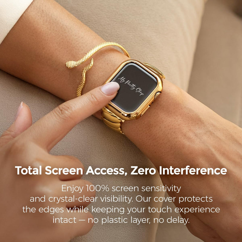 My Pretty Strap Gold Apple Watch Band & Glossy XOXO Protective Case Bundle – Elegant Stainless Steel Strap & Luxury Metal Cover for Apple Watch Series 1-11, SE & Ultra (46MM) Mermaid