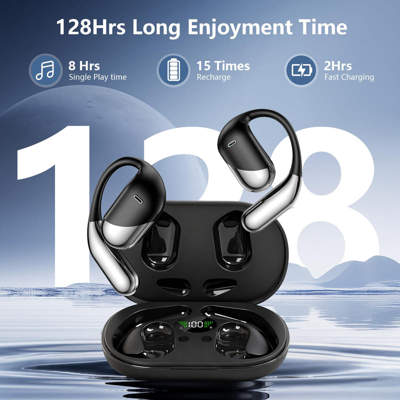 Open Ear Bone Conduction Headphones，,Over Ear Earbuds with Ergonomic Earhook,Bluetooth Headphones 5.4 with Smart Digital Display,60H Playtime,IPX7 Waterproof,Touch Control Operate Running Fit Cycling Black