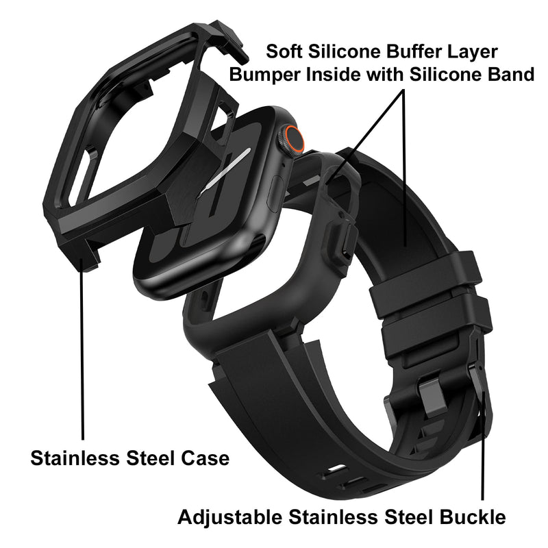 Luxury Metal Case with FKM Band for Apple Watch Ultra 3/2/1 49mm & 44-46mm | Stainless Steel Rugged Case,Soft Fluoroelastomer Strap,Classic Men Design for Business/Sports/Leisure,Skin-Friendly & Durable Black
