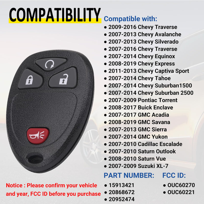 Key Fob Replacement for 2007-2014 Chevy Silverado Suburban Avalanche Tahoe Equinox Traverse Escalade/ 07-13 Gmc Sierra Yukon XL Savana Acadia/ 08-16 Buick Enclave/ 07-10 Saturn Outlook Vue