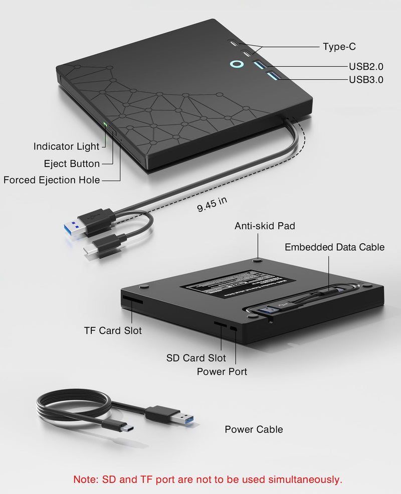 [AUSTRALIA] - External CD/DVD Drive for Laptop, DVD Burner CD Reader for Laptop, 8-in-1 USB 3.0 Portable CD Players with SD/TF Ports, External Disk Drive Optical for MacBook Windows 11 10 PC Linux OS Black 