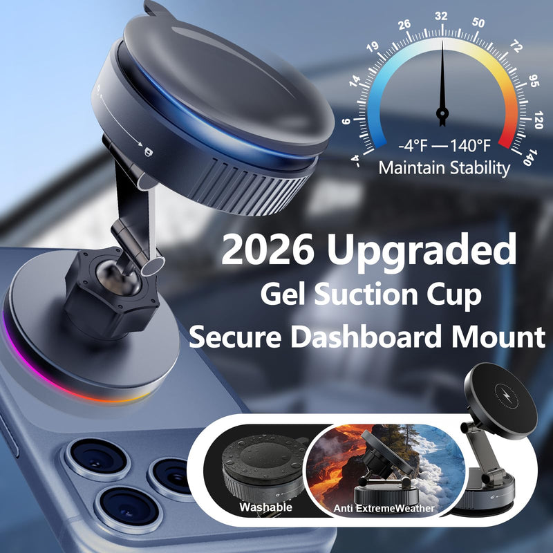 for MagSafe Car Mount Charger, Magnetic Wireless Car Charger | 15W Fast Charging, 120LBS Ultra Suction Cup, 2800gf Magnet, 360° Adjustable Vacuum Magnetic Phone Holder for iPhone & Android