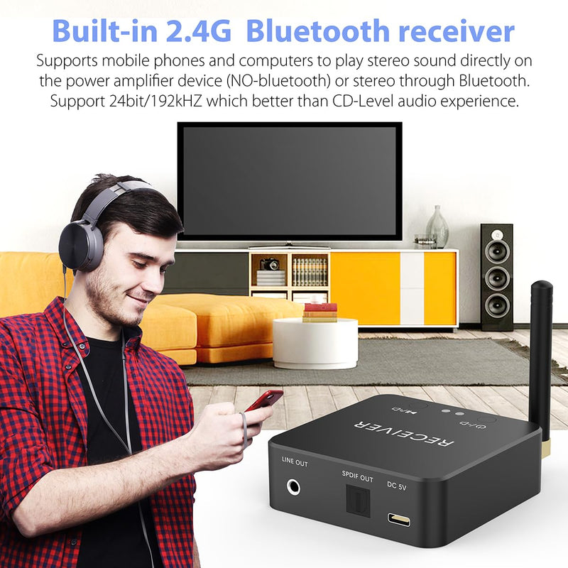 [AUSTRALIA] - Wireless Bluetooth Receiver 192KHz Digital to Analog Audio, 160ft Long Range with Built-in Bluetooth 5.3 Receiver, Wireless Adapter Kit with 3.5mm Stereo Analog(Line) and Optical Digital(SPDIF) Out 