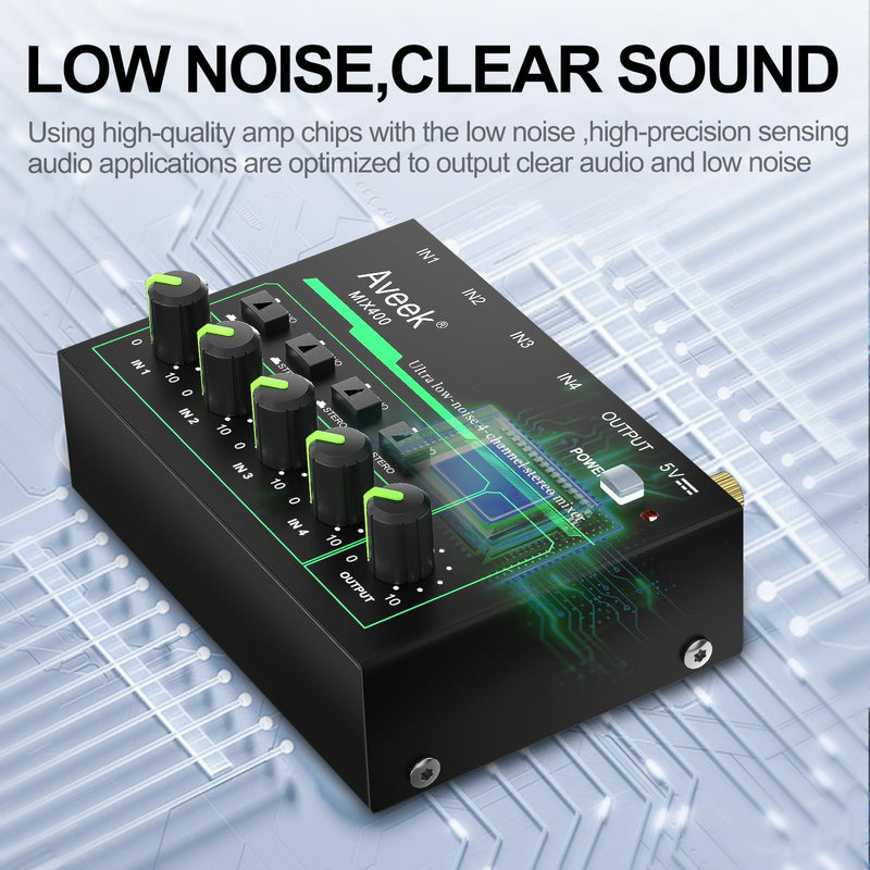 Aveek 4 Channel Mixer - Mini 4 Stereo Audio Mixer, Low-Noise for Precision Sub-Mixing,1/4" TRS Input/Output Ideal for Mics/Guitars/Bass/Stage - 3 x 4.4 x 1.3 inches
