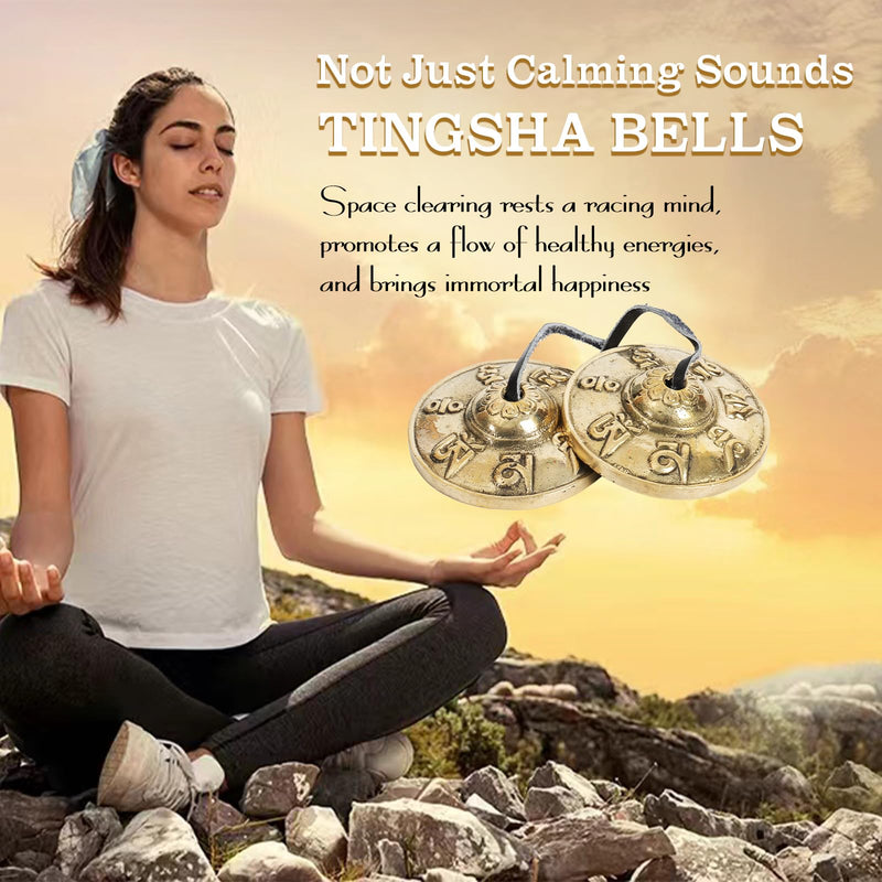 Tibetan Tingsha Cymbals Meditation Bells Spiritual Gifts for Women Meditation Accessory for Spiritual Healing Mindfulness Sound Healing—Om Mane Padme Hum Symbols Embossed (Black) Black