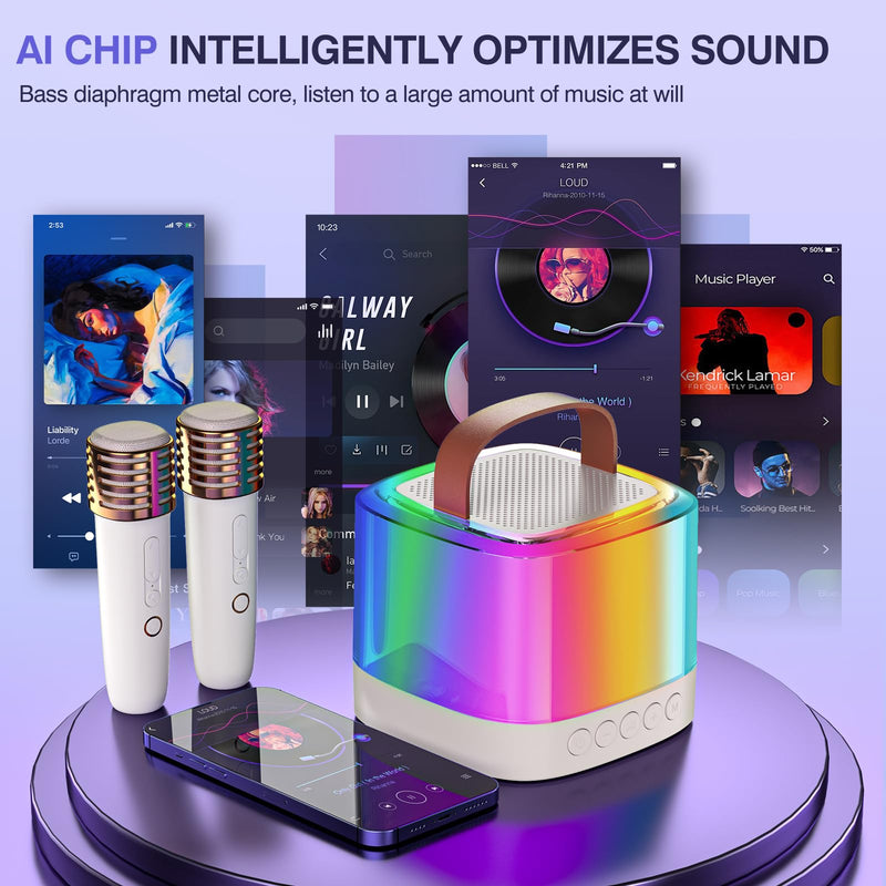 Mini Karaoke Machine for Kids Adults, Portable Bluetooth Karaoke Speaker with 2 Wireless Mics and LED Color Lights, Inside The Car, Party, Home KTV, Birthday for Girls/Boys Ages 3-12+, Beige