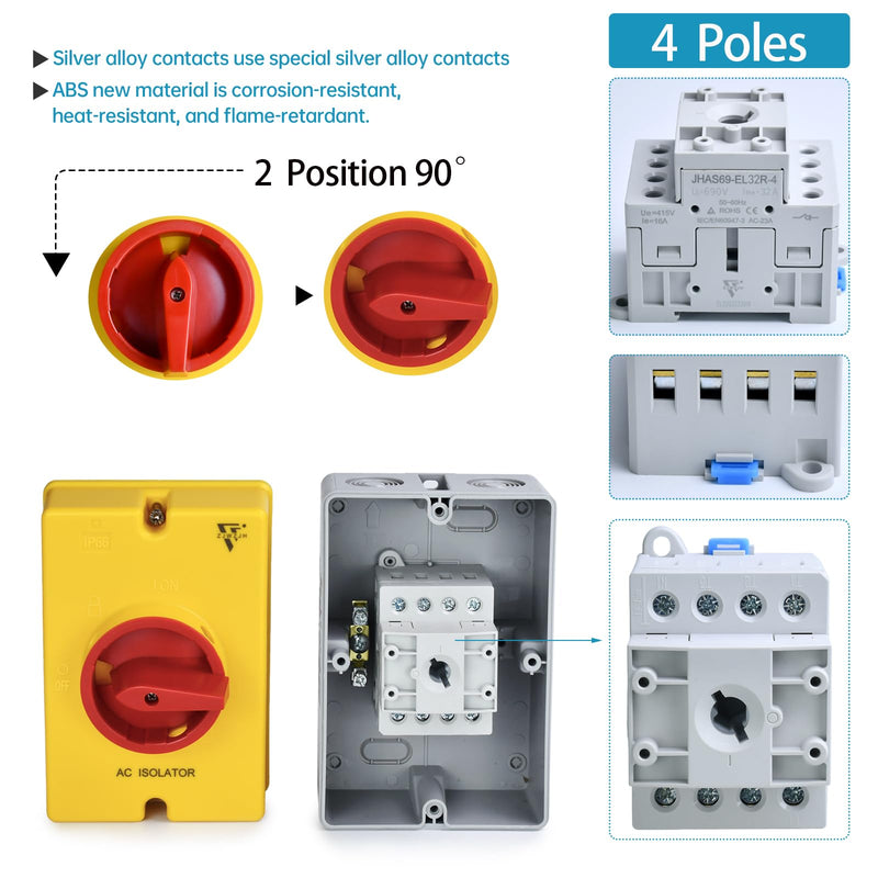 [AUSTRALIA] - 32 Amp AC Disconnect Switch Box Outdoor, 110V 220V 690V AC Isolator Switch, 4 Pole, IP66 Waterproof Isolation PV 3 Phase Disconnect Switch On Off 2 Position 32 Amp 