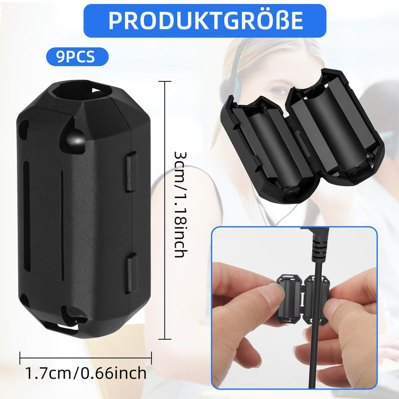 [AUSTRALIA] - 9pcs Ferrite Core for Cable, RFI EMI Folding Ferrite Core for USB Noise Reducer for 3mm/5mm/7mm/9mm/13mm Diameter Cables (Black) 
