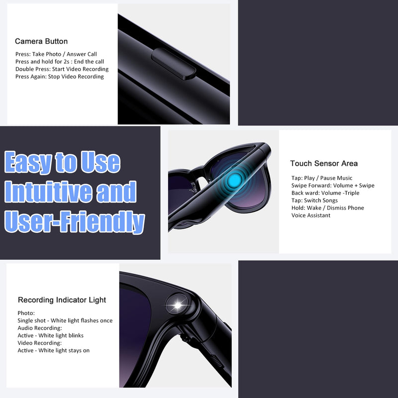 AI Smart Glasses with Camera,4K HD Camera Glasses with EIS Image Stabilization,Video Recording Glasses with AI Assistant,Wi-Fi+Bluetooth 6.0 Transfer,Replaceable 3 Lens,Real-Time Translation