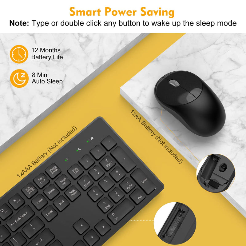 Wireless Keyboard and Mouse, Trueque Silent 2.4GHz Cordless Full Size USB Keyboard Mouse Combo, Long Battery Life, Lag-Free Wireless for Computer, Laptop, PC, Window, Mac, Chrome OS(Black) Black