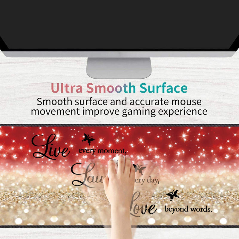Desk Pad Gaming Mouse Pads with Coasters,31.5"x 11.8" Large Non-Slip Rubber Base Mousepad with Stitched Edges for Office & Home,Red Glitter Quote Live Every Moment, Laugh Every Day, Love Beyond Words
