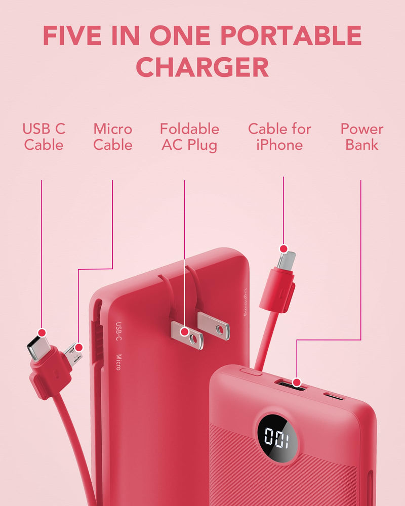 VRURC Portable Charger Built-in Cables and AC Wall Plug, USB C Power Bank 10000mAh, [2023 Upgraded Version] Phone Charger Compact Lightweight External Battery Pack for Smart Phones, Tablets etc-Red Red