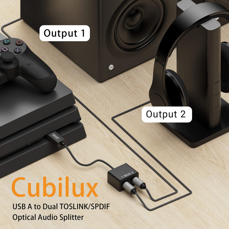 Cubilux USB A to Dual TOSLINK Optical Audio Splitter, USB Type A to Double SPDIF Converter, USB 2-Way S/PDIF Adapter Compatible with PS4/PS5 Lenovo Dell HP Laptop Computer Surface USB A to Dual SPDIF
