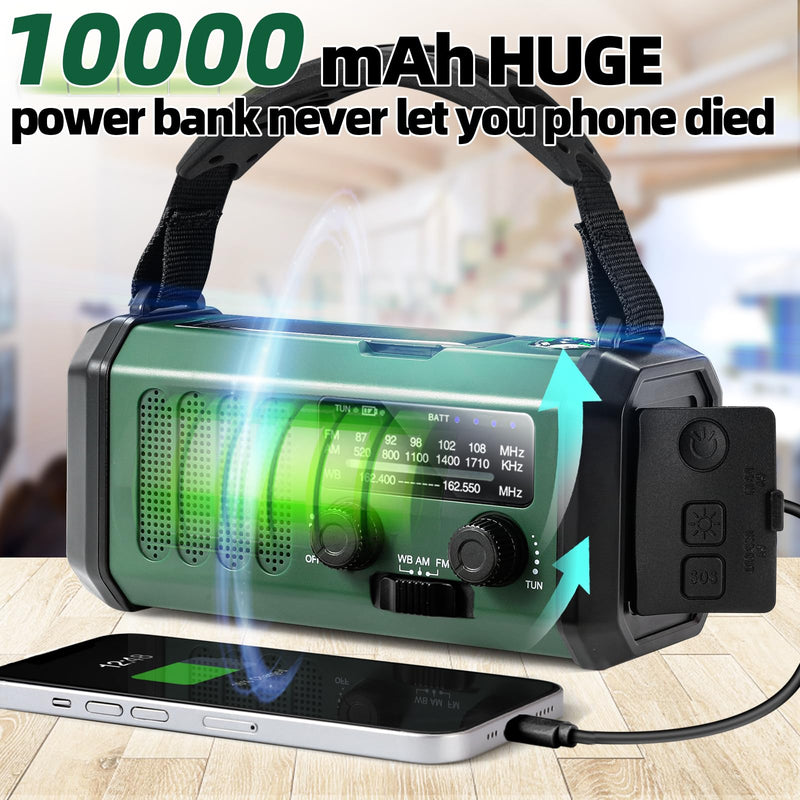 Hand Crank Emergency Radio,37000mWhSolar Powered Hand Crank Portable Radio,NOAA AM FM Weather Radio with 3Mode Flashlight and Reading Light,Cell Phone Charger,Home and Emergency Distress Signal Green