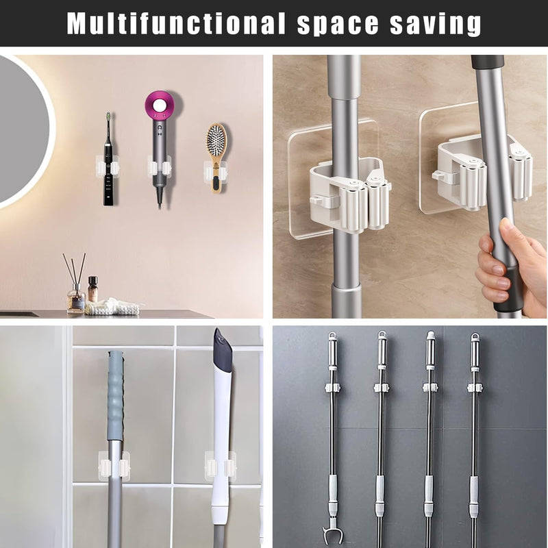 8 Pack Self Adhesive Mop Holder Wall Mounted Organizer Clip Broom Clips No Drilling for Bathroom Kitchen Office Closet Garden Garage Utility Room Tool Rack Storage - White