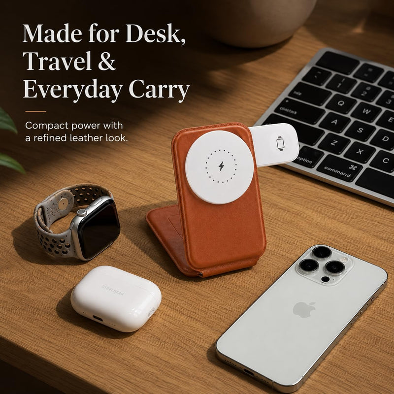 Trio 3-in-1 Wireless Charging Station for iPhone 12 and Newer, Apple Watch and AirPods, Foldable MagSafe-Compatible Charger Stand, Compact Leather-Look Travel Dock, Brown