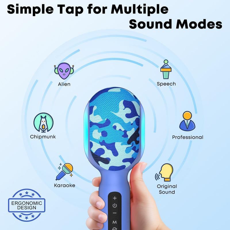 Karaoke Microphone Wireless Bluetooth with Speaker, Portable Handheld Mic for Kid Adult, 6 Voice Changer & 4 LED Light Effects, Singing Microphone with Speech Mode, Birthday Gift for Girls Boys Teens Blue