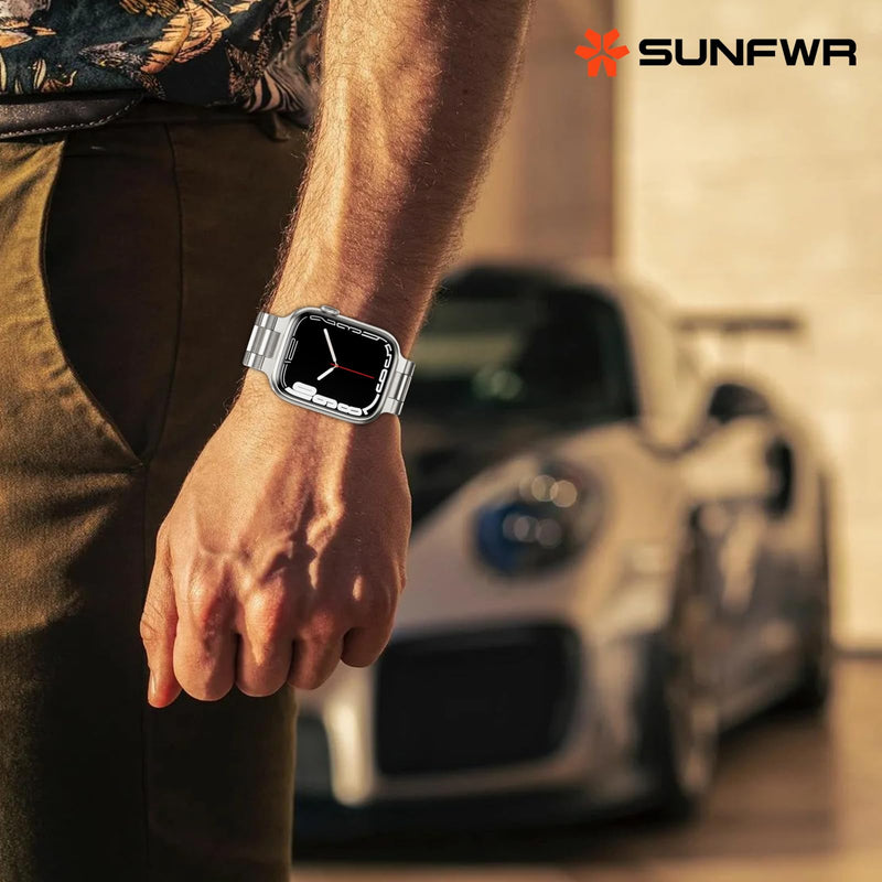 SUNFWR Compatible with Apple Watch Band 45mm 44mm 42mm for Men Women, Stainless Steel Metal iWatch Band with Case + Top Grain Genuine Leather Band for Apple Watch Series Ultra 9/8/7/6/5/4/3/2/1/SE/SE2