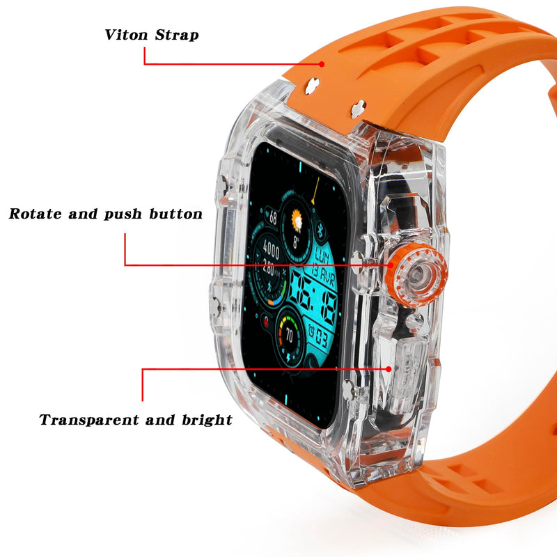 Luxury Transparent Case with Fluororubber Band for Apple Watch 45mm, Crystal Clear Full Protection for iWatch Series 9/8/7 TRN+Orange Pin