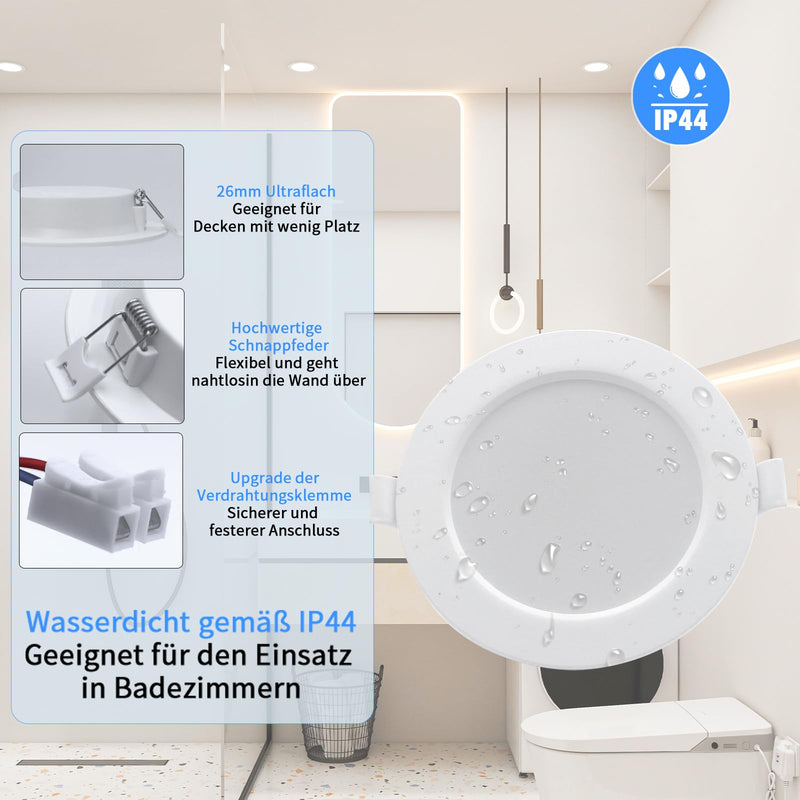 WeshLMPO LED Recessed Spotlights, 230 V, Flat Set of 6, 4 W Ceiling Spotlights, LED Spotlights, IP44 Ceiling Spotlights, LED Recessed Lights, 350 Lumens, Warm White, 3000 K, for Bedroom, Bathroom, 3000k Warm White 4W / 6er Set