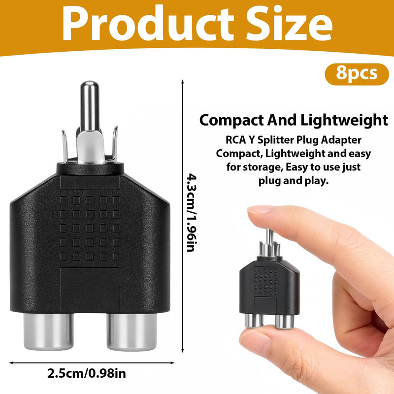 cobee 8 Pcs RCA Splitter, 1 Male to 2 Female RCA Y Splitter Adapter for Audio Video AV TV Cable Conversion(Black+Silver) Black+Silver